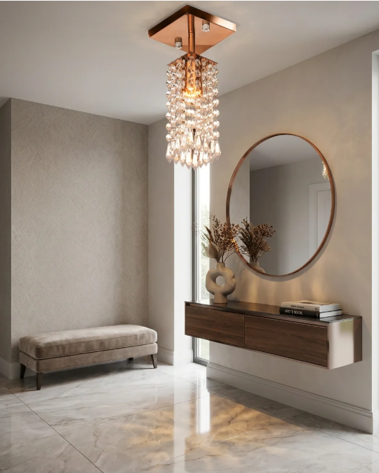 Plafon ClearCrystal Quadrado em Alumínio Espelhado | Lustre de Cristal Acrílico E27