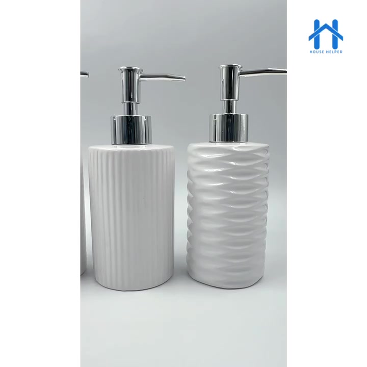 Frasco Porta Sabonete Liquido 350ml Ceramica Branca Redondo Válvula Prata para Banheiro