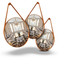 Espelho Redondo Decorativo Adnet Alça Couro Suporte 60cm Sala Quarto Banheiro
