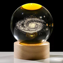 Bola de Cristal 3D Sistema Solar com Base LED em Madeira | Decoração e Luz Noturna