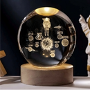 Bola de Cristal 3D Sistema Solar com Base LED em Madeira | Decoração e Luz Noturna