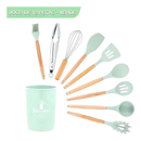 Jogo de Cozinha Kit C/12 Peças Utensílios de Cozinha em Silicone e Cabo de Madeira Antiaderentes