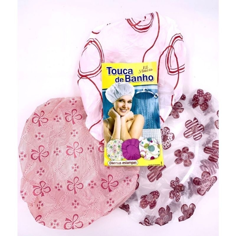 Kit 3 Toucas para Banho Impermeável Plástico Tintura Hidratação Com Elástico - Diversas Estampas
