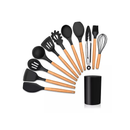 Jogo de Cozinha Kit C/12 Peças Utensílios de Cozinha em Silicone e Cabo de Madeira Antiaderentes