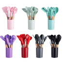 Jogo de Cozinha Kit C/12 Peças Utensílios de Cozinha em Silicone e Cabo de Madeira Antiaderentes
