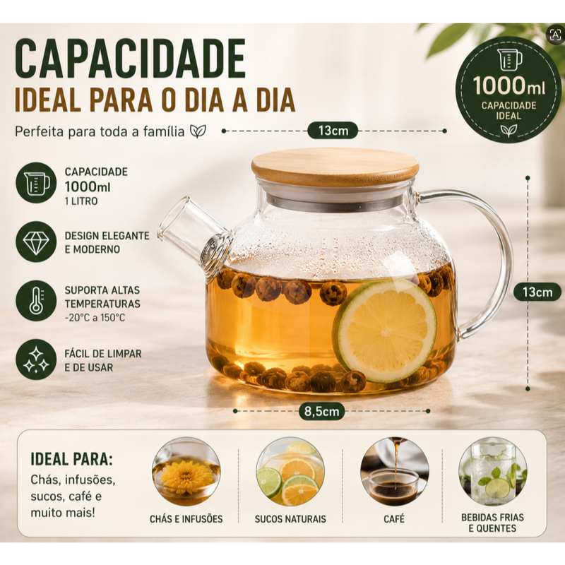 Chaleira de Vidro 1000ml Pode ir ao Fogo Com Alça de Bambu OU com Tampa de Bambu