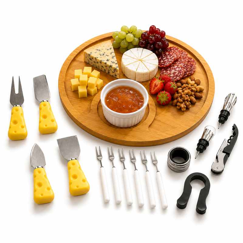 Kit Petisqueira Redonda + 6 Garfos Para Frios e Queijos Gamela MDF