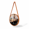 Espelho Redondo Decorativo Adnet Alça Couro Suporte 60cm Sala Quarto Banheiro